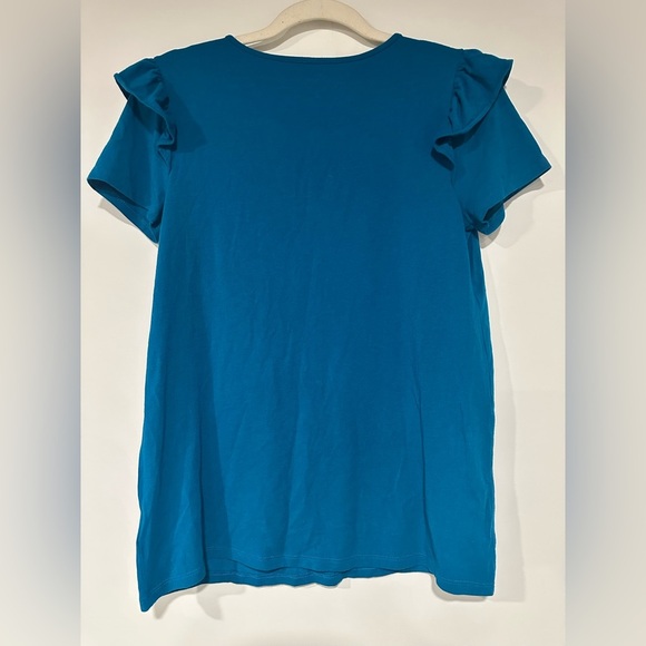 Lilly Pulitzer Samira Top Ruffle S/S V Neck Tidal Wave Blue Green Women's Size S - Picture 2 of 3